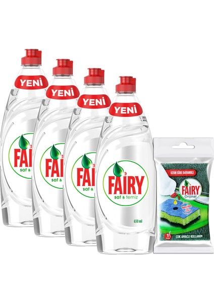 Saf ve Temiz 650 ml 4’lü Bulaşık Deterjanı + Fairy Sünger Hediyeli