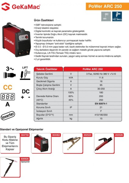 GeKaMac Power ARC 250 MMA Inverter Kaynak Makinesi
