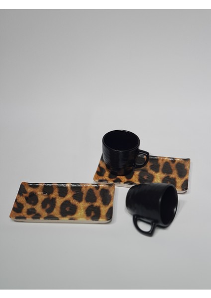 Iki Kisilik Leopar Desen Kahve Fincan Takimi 4 Parça