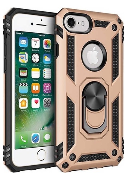 Apple iPhone 8 Kılıf Yüzüklü Standlı Ultra Korumalı Manyetik Vega Kapak-Gold