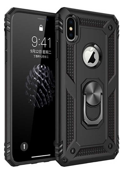 Apple iPhone XS Kılıf Yüzüklü Standlı Ultra Korumalı Manyetik Vega Kapak-Siyah