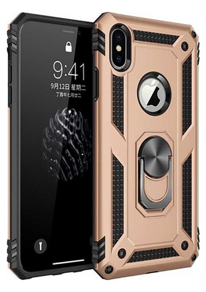 Apple iPhone XS Kılıf Yüzüklü Standlı Ultra Korumalı Manyetik Vega Kapak-Gold