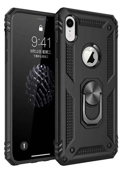 Apple iPhone XR Kılıf Yüzüklü Standlı Ultra Korumalı Manyetik Vega Kapak-Siyah