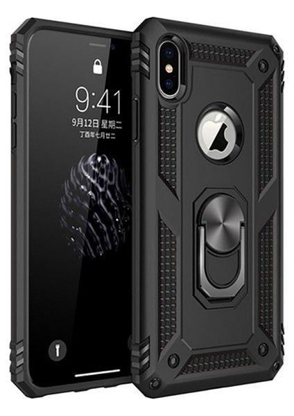 Apple iPhone XS Max Kılıf Yüzüklü Standlı Ultra Korumalı Manyetik Vega Kapak-Siyah