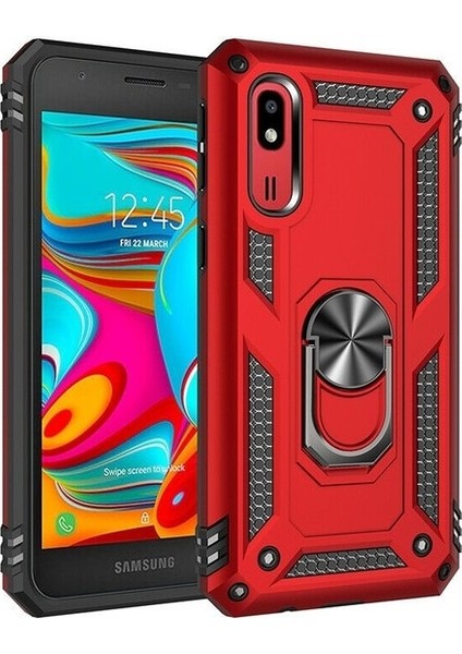 Samsung Galaxy A2 Core Kılıf Yüzüklü Standlı Ultra Korumalı Manyetik Vega Kapak-Kırmızı