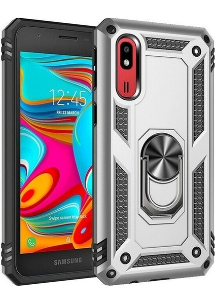 Samsung Galaxy A2 Core Kılıf Yüzüklü Standlı Ultra Korumalı Manyetik Vega Kapak-Gümüş
