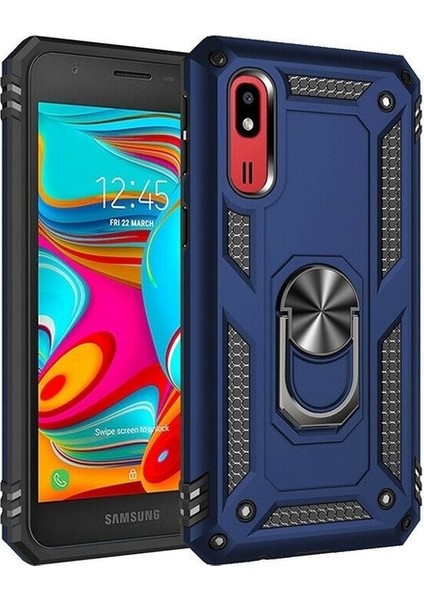Samsung Galaxy A2 Core Kılıf Yüzüklü Standlı Ultra Korumalı Manyetik Vega Kapak-Lacivert