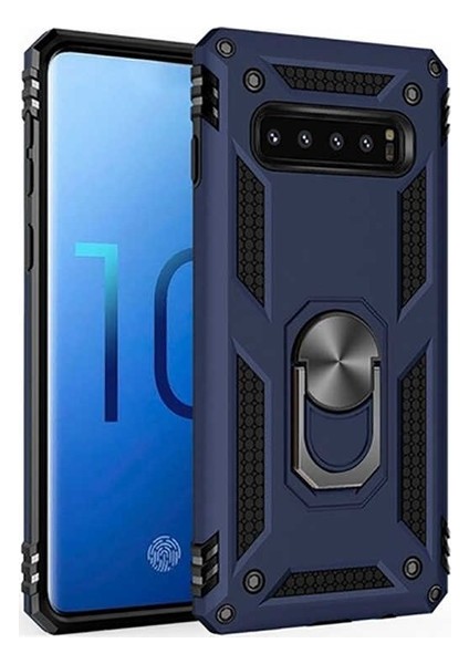 Samsung Galaxy S10 Kılıf Yüzüklü Standlı Ultra Korumalı Manyetik Vega Kapak-Lacivert