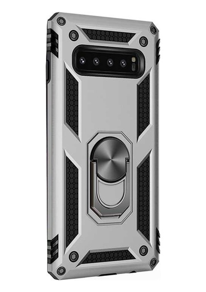 Samsung Galaxy S10 Plus Kılıf Yüzüklü Standlı Ultra Korumalı Manyetik Vega Kapak-Gümüş