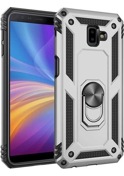 Samsung Galaxy J6 Plus Kılıf Yüzüklü Standlı Ultra Korumalı Manyetik Vega Kapak-Gümüş