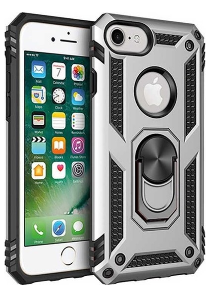 Apple iPhone 8 Kılıf Yüzüklü Standlı Ultra Korumalı Manyetik Vega Kapak-Gümüş + Cam Ekran Koruyucu