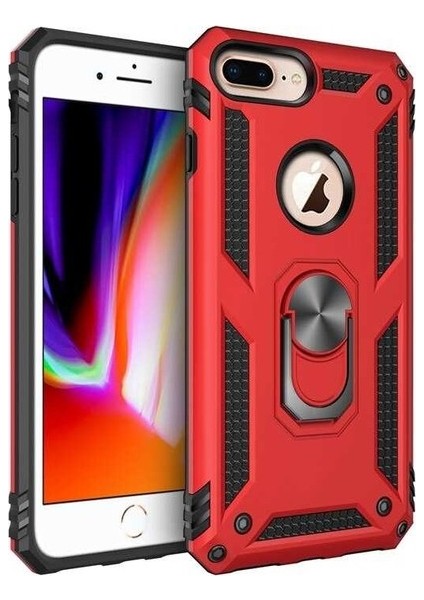 Apple iPhone 8 Plus Kılıf Yüzüklü Standlı Ultra Korumalı Manyetik Vega Kapak-Kırmızı + Cam Ekran Koruyucu