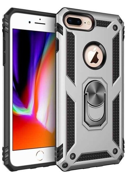 Apple iPhone 8 Plus Kılıf Yüzüklü Standlı Ultra Korumalı Manyetik Vega Kapak-Gümüş + Cam Ekran Koruyucu