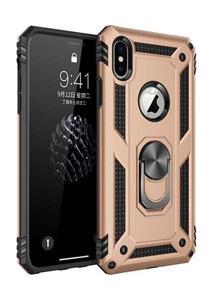Apple iPhone X Kılıf Yüzüklü Standlı Ultra Korumalı Manyetik Vega Kapak-Gold + Cam Ekran Koruyucu