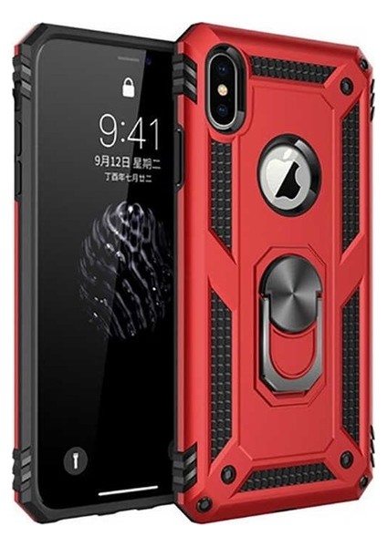 Apple iPhone X Kılıf Yüzüklü Standlı Ultra Korumalı Manyetik Vega Kapak-Kırmızı + Cam Ekran Koruyucu