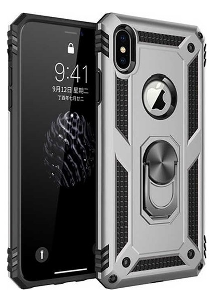 Apple iPhone XS Kılıf Yüzüklü Standlı Ultra Korumalı Manyetik Vega Kapak-Gümüş + Cam Ekran Koruyucu