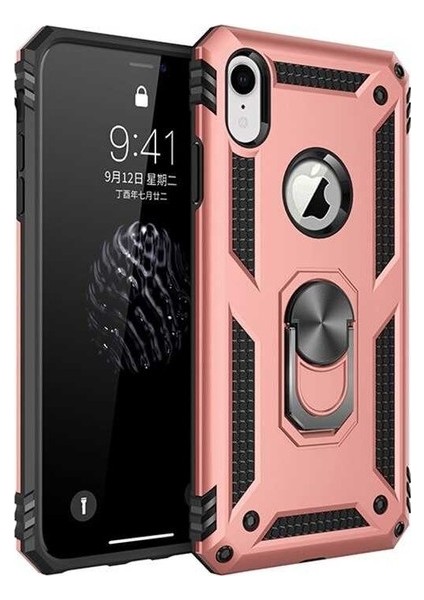 Apple iPhone XR Kılıf Yüzüklü Standlı Ultra Korumalı Manyetik Vega Kapak-Rose + Cam Ekran Koruyucu