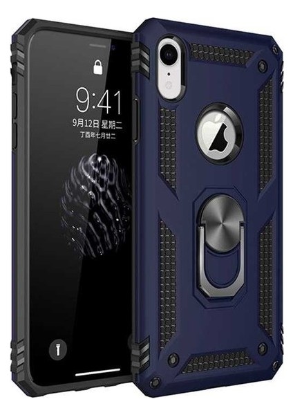 Apple iPhone XR Kılıf Yüzüklü Standlı Ultra Korumalı Manyetik Vega Kapak-Lacivert + Cam Ekran Koruyucu