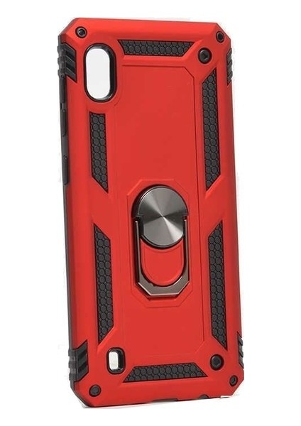 Samsung Galaxy A10 Kılıf Yüzüklü Standlı Ultra Korumalı Manyetik Vega Kapak-Kırmızı + Cam Ekran Koruyucu