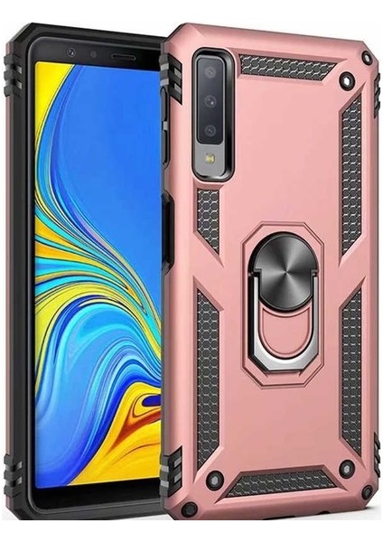 Samsung Galaxy A7 2018 Kılıf Yüzüklü Standlı Ultra Korumalı Manyetik Vega Kapak-Rose + Cam Ekran Koruyucu