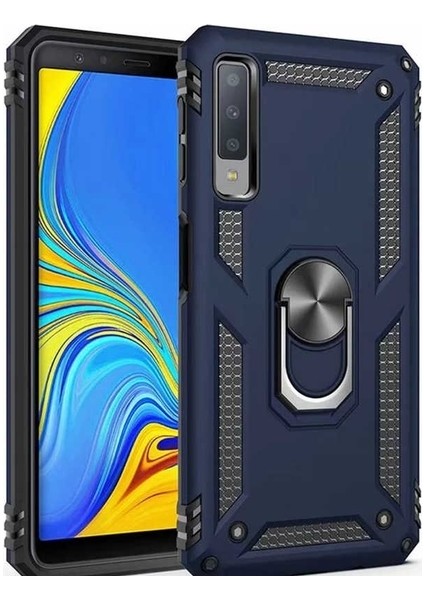 Samsung Galaxy A7 2018 Kılıf Yüzüklü Standlı Ultra Korumalı Manyetik Vega Kapak-Lacivert + Cam Ekran Koruyucu