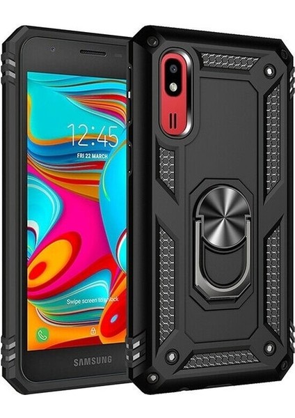 Samsung Galaxy A2 Core Kılıf Yüzüklü Standlı Ultra Korumalı Manyetik Vega Kapak-Siyah + Cam Ekran Koruyucu