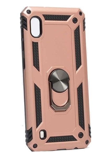 Samsung Galaxy M10 Kılıf Yüzüklü Standlı Ultra Korumalı Manyetik Vega Kapak-Rose + Cam Ekran Koruyucu