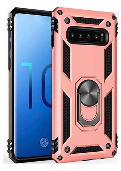 Samsung Galaxy S10 Kılıf Yüzüklü Standlı Ultra Korumalı Manyetik Vega Kapak-Rose + Tam Kaplayan Cam Ekran Koruyucu