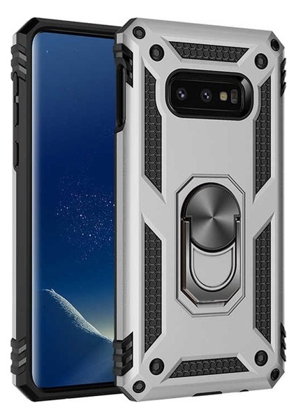 Samsung Galaxy S10e Kılıf Yüzüklü Standlı Ultra Korumalı Manyetik Vega Kapak-Gümüş + Cam Ekran Koruyucu