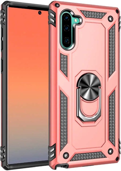 Samsung Galaxy Note 10 Kılıf Yüzüklü Standlı Ultra Korumalı Manyetik Vega Kapak-Rose + Tam Kaplayan Cam Ekran Koruyucu