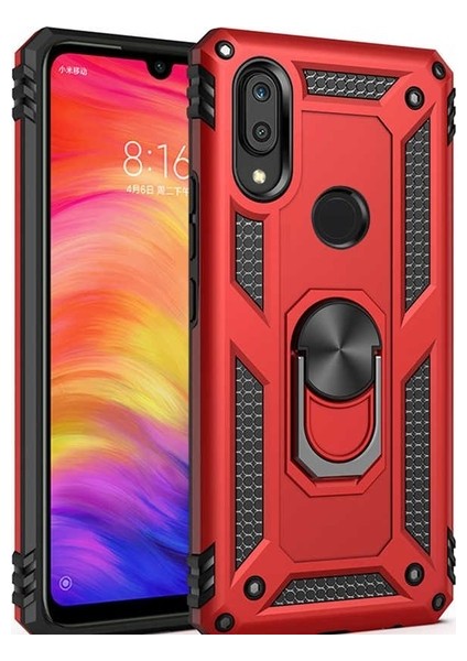 Huawei P Smart 2019 Kılıf Yüzüklü Standlı Ultra Korumalı Manyetik Vega Kapak-Kırmızı + Cam Ekran Koruyucu