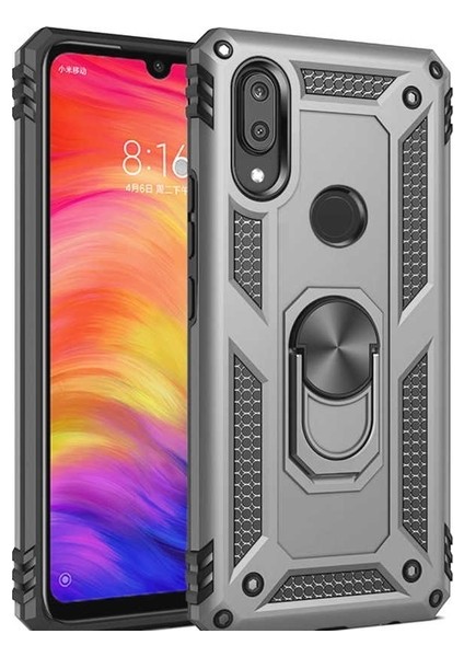 Huawei P Smart 2019 Kılıf Yüzüklü Standlı Ultra Korumalı Manyetik Vega Kapak-Gümüş + Cam Ekran Koruyucu