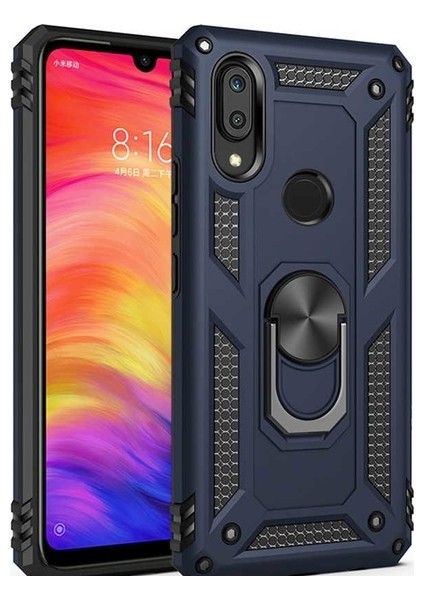 Huawei P Smart 2019 Kılıf Yüzüklü Standlı Ultra Korumalı Manyetik Vega Kapak-Lacivert + Cam Ekran Koruyucu