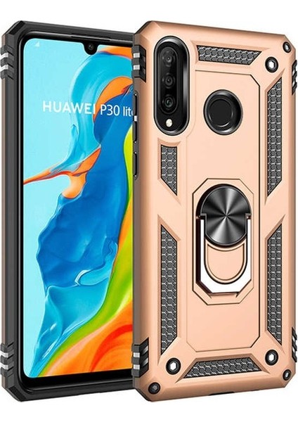 Huawei P30 Lite Kılıf Yüzüklü Standlı Ultra Korumalı Manyetik Vega Kapak-Gold + Cam Ekran Koruyucu