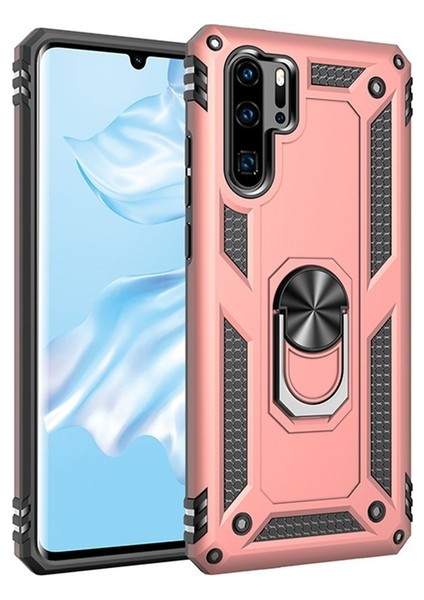 Huawei P30 Pro Kılıf Yüzüklü Standlı Ultra Korumalı Manyetik Vega Kapak-Rose + Tam Kaplayan Cam Ekran Koruyucu