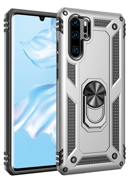 Huawei P30 Pro Kılıf Yüzüklü Standlı Ultra Korumalı Manyetik Vega Kapak-Gümüş + Tam Kaplayan Cam Ekran Koruyucu
