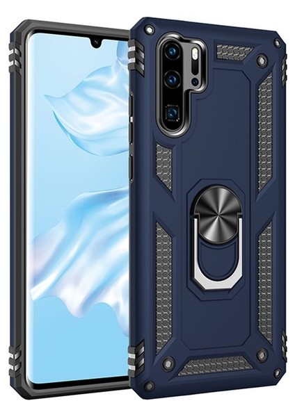 Huawei P30 Pro Kılıf Yüzüklü Standlı Ultra Korumalı Manyetik Vega Kapak-Lacivert + Tam Kaplayan Cam Ekran Koruyucu