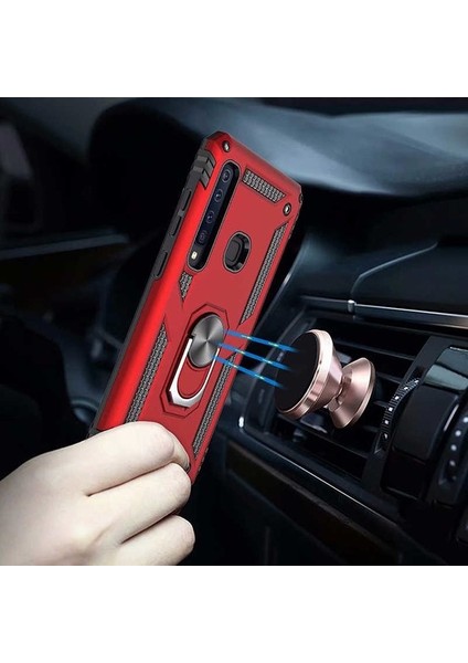 Xiaomi Redmi Note 7 Kılıf Yüzüklü Standlı Ultra Korumalı Manyetik Vega Kapak-Kırmızı + Cam Ekran Koruyucu