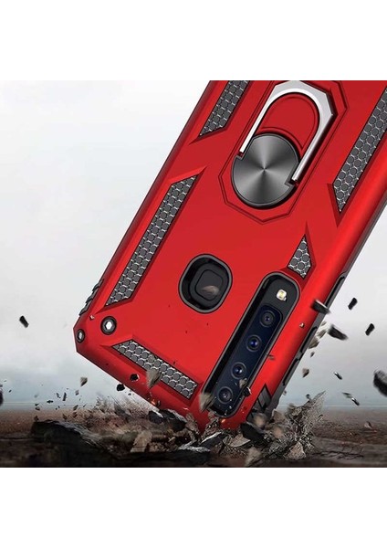 Xiaomi Redmi Note 7 Kılıf Yüzüklü Standlı Ultra Korumalı Manyetik Vega Kapak-Kırmızı + Cam Ekran Koruyucu