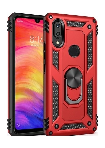 Xiaomi Redmi Note 7 Kılıf Yüzüklü Standlı Ultra Korumalı Manyetik Vega Kapak-Kırmızı + Cam Ekran Koruyucu