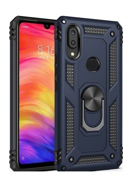 Xiaomi Redmi Note 7 Kılıf Yüzüklü Standlı Ultra Korumalı Manyetik Vega Kapak-Lacivert + Cam Ekran Koruyucu