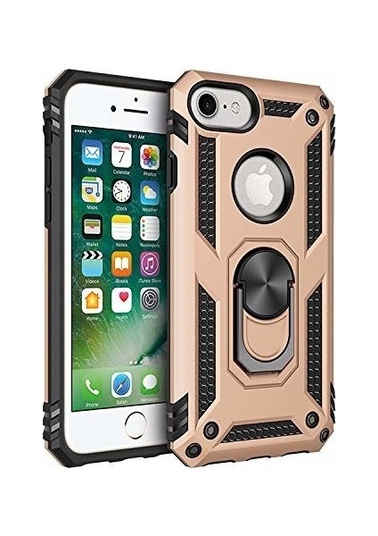 Tekno Grup Apple iPhone 5-5s Kılıf Yüzüklü Standlı Ultra Korumalı Manyetik Vega Kapak-Gold + Nano Ekran Koruyucu