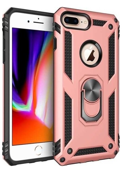 Apple iPhone 7 Plus Kılıf Yüzüklü Standlı Ultra Korumalı Manyetik Vega Kapak-Rose + Nano Ekran Koruyucu