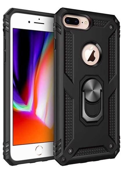 Apple iPhone 8 Plus Kılıf Yüzüklü Standlı Ultra Korumalı Manyetik Vega Kapak-Siyah + Nano Ekran Koruyucu