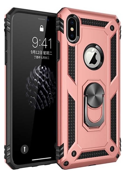 Apple iPhone XS Kılıf Yüzüklü Standlı Ultra Korumalı Manyetik Vega Kapak-Rose + Nano Ekran Koruyucu