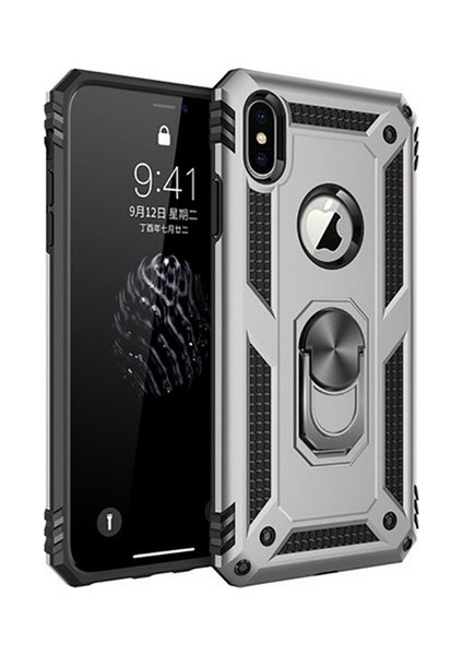 Apple iPhone XS Max Kılıf Yüzüklü Standlı Ultra Korumalı Manyetik Vega Kapak-Gümüş + Nano Ekran Koruyucu