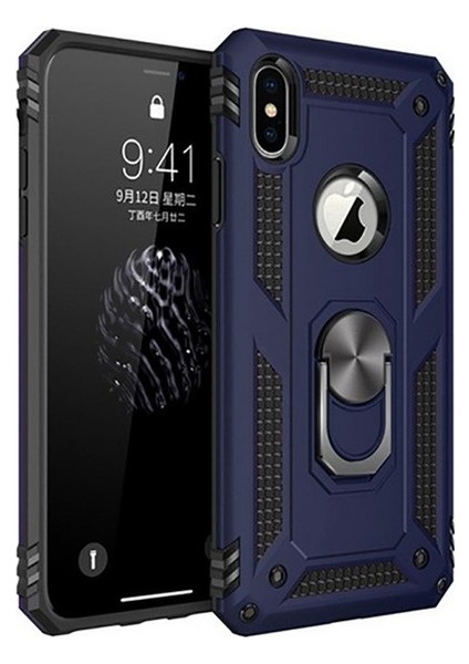 Apple iPhone XS Max Kılıf Yüzüklü Standlı Ultra Korumalı Manyetik Vega Kapak-Lacivert + Nano Ekran Koruyucu