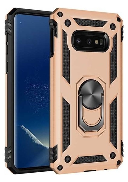 Samsung Galaxy S10e Kılıf Yüzüklü Standlı Ultra Korumalı Manyetik Vega Kapak-Gold + Nano Ekran Koruyucu
