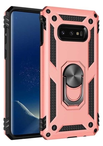 Samsung Galaxy S10e Kılıf Yüzüklü Standlı Ultra Korumalı Manyetik Vega Kapak-Rose + Nano Ekran Koruyucu
