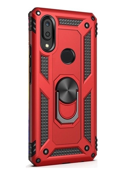 Huawei Y7 2019 Kılıf Yüzüklü Standlı Ultra Korumalı Manyetik Vega Kapak-Kırmızı + Nano Ekran Koruyucu